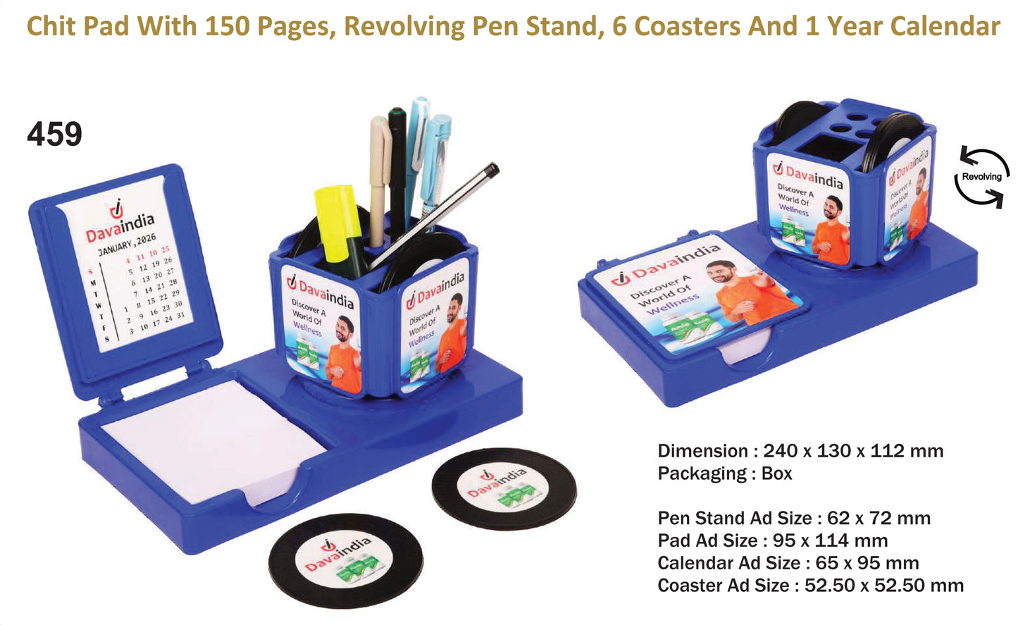Customized Chit Pads with 150 pages, pan stand, coasters and calender for Gifting and Promotion (459)