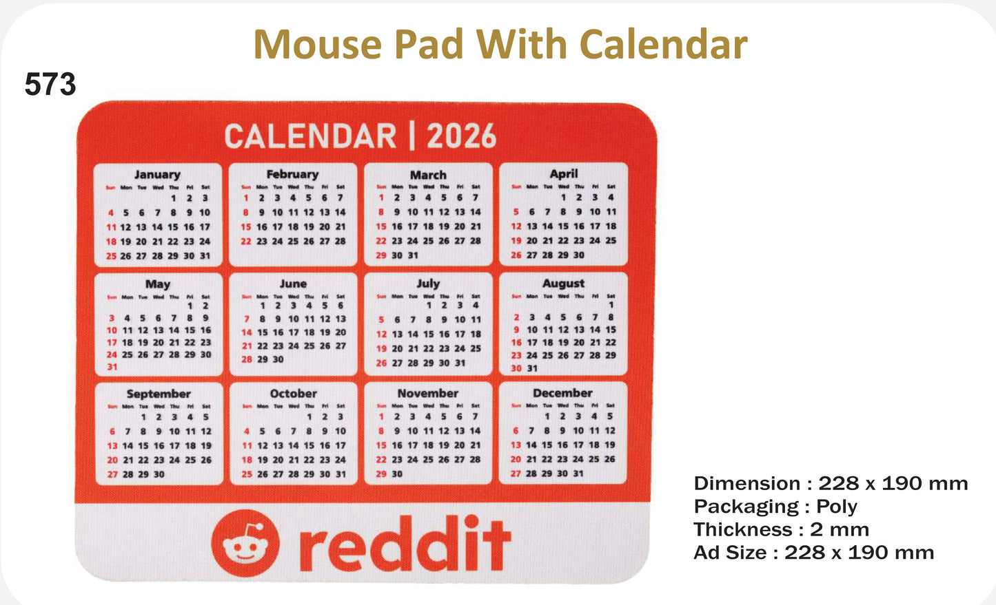 MOUSE PAD WITH CALENDER (REDDIT -Thickness 2 mm)