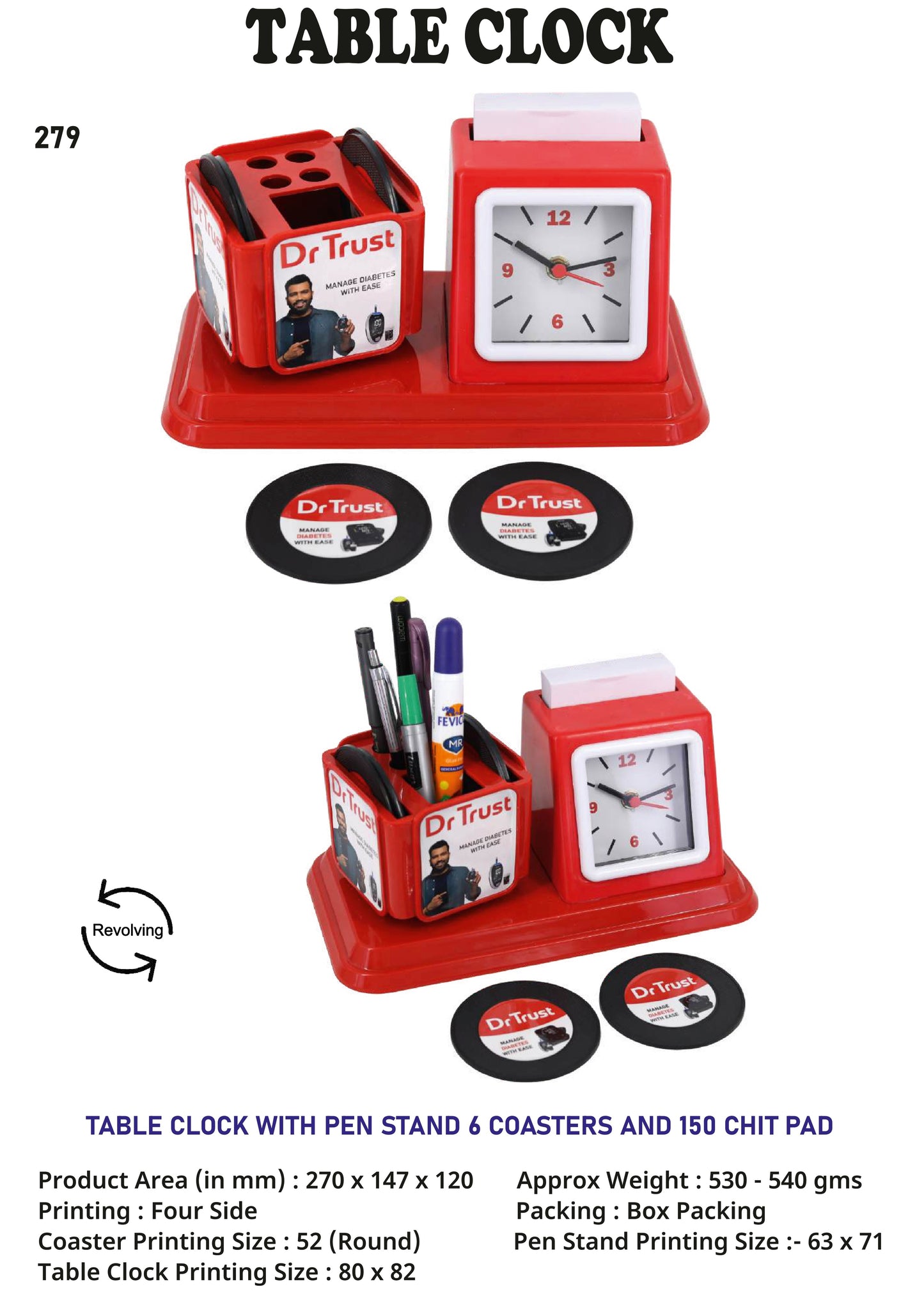 TABLE CLOCK WITH PEN STAND 6 COASTERS AND 150 CHIT PAD (Red)