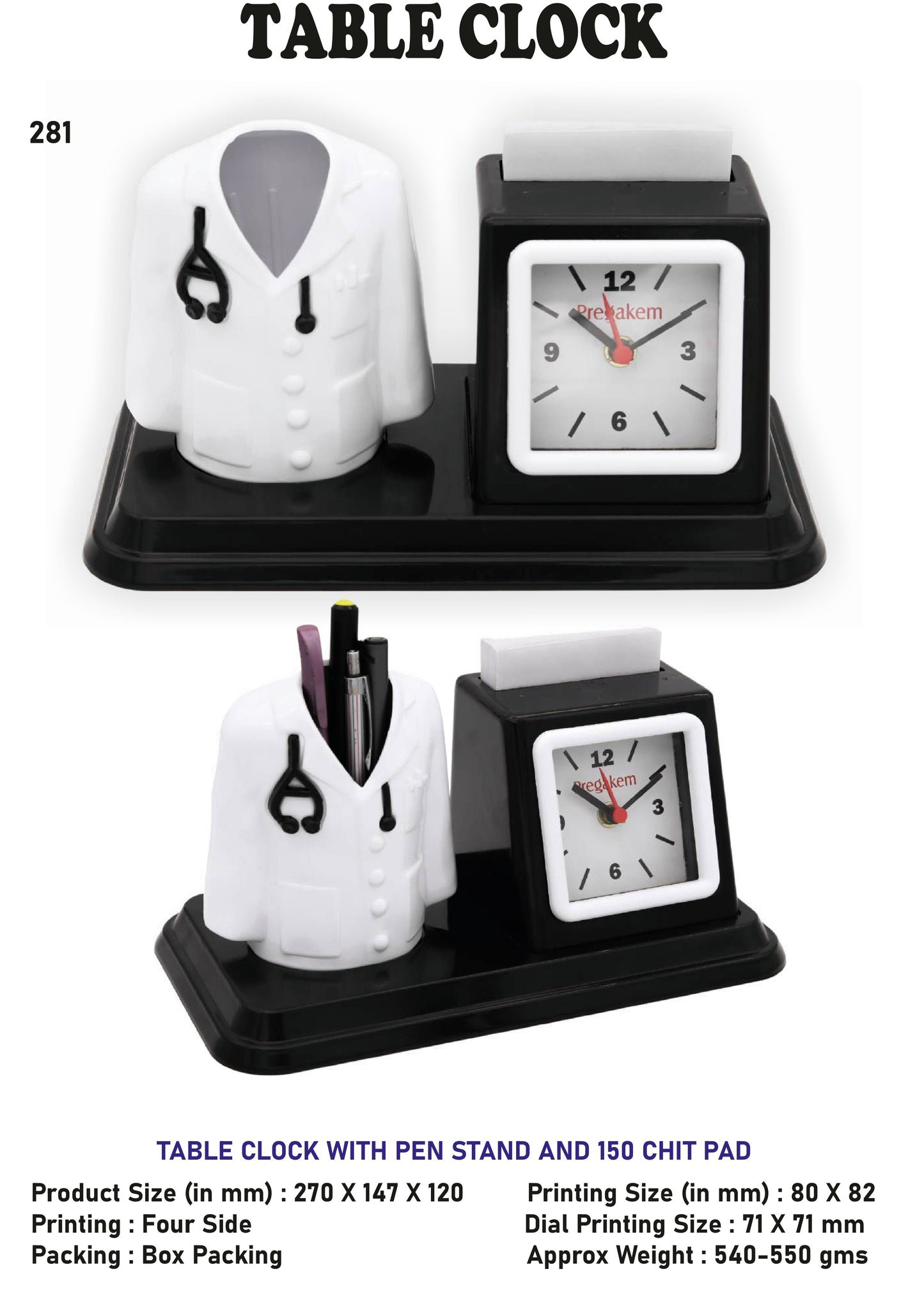 TABLE CLOCK WITH PEN STAND AND 150 CHIT PAD (Dr.)