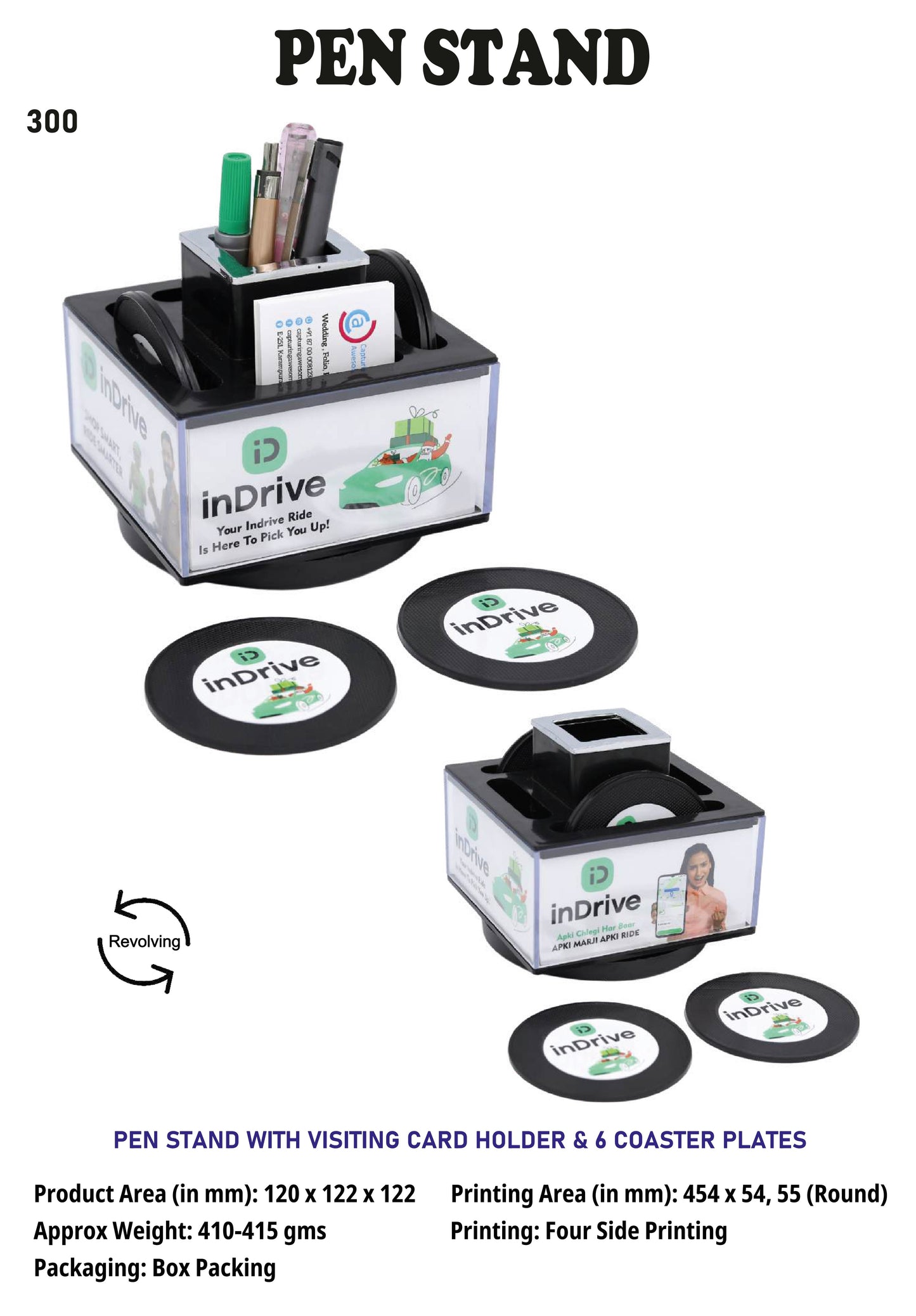 Customized plastic Pen stand withvisiting card holder and 6 coaster plates (black)