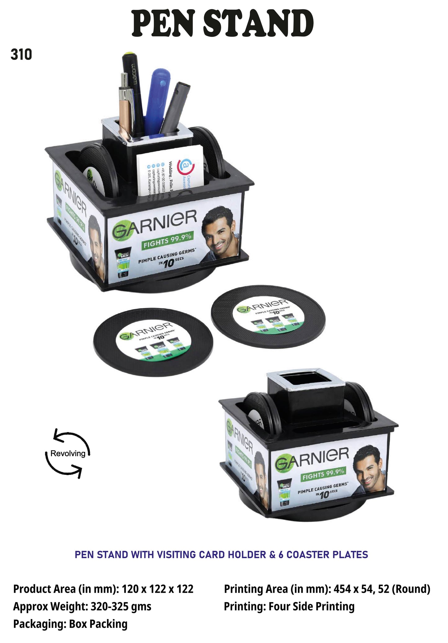 Pen stand with visiting card holder and 6 coaster plates