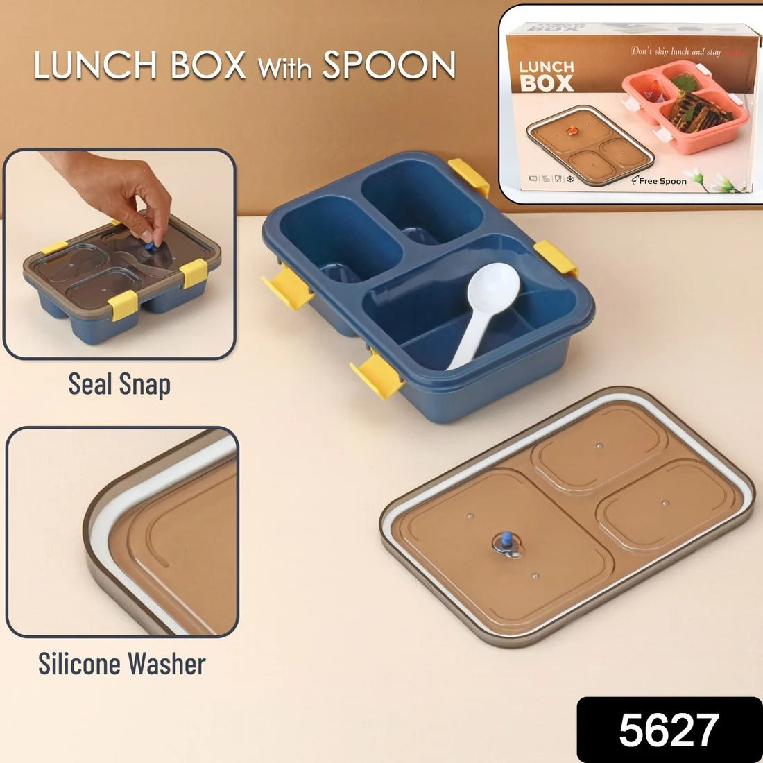Plastic Lunch Box for Kids, Lunch Box for Kids 3 Compartment Insulated Lunch Box Tiffin Box