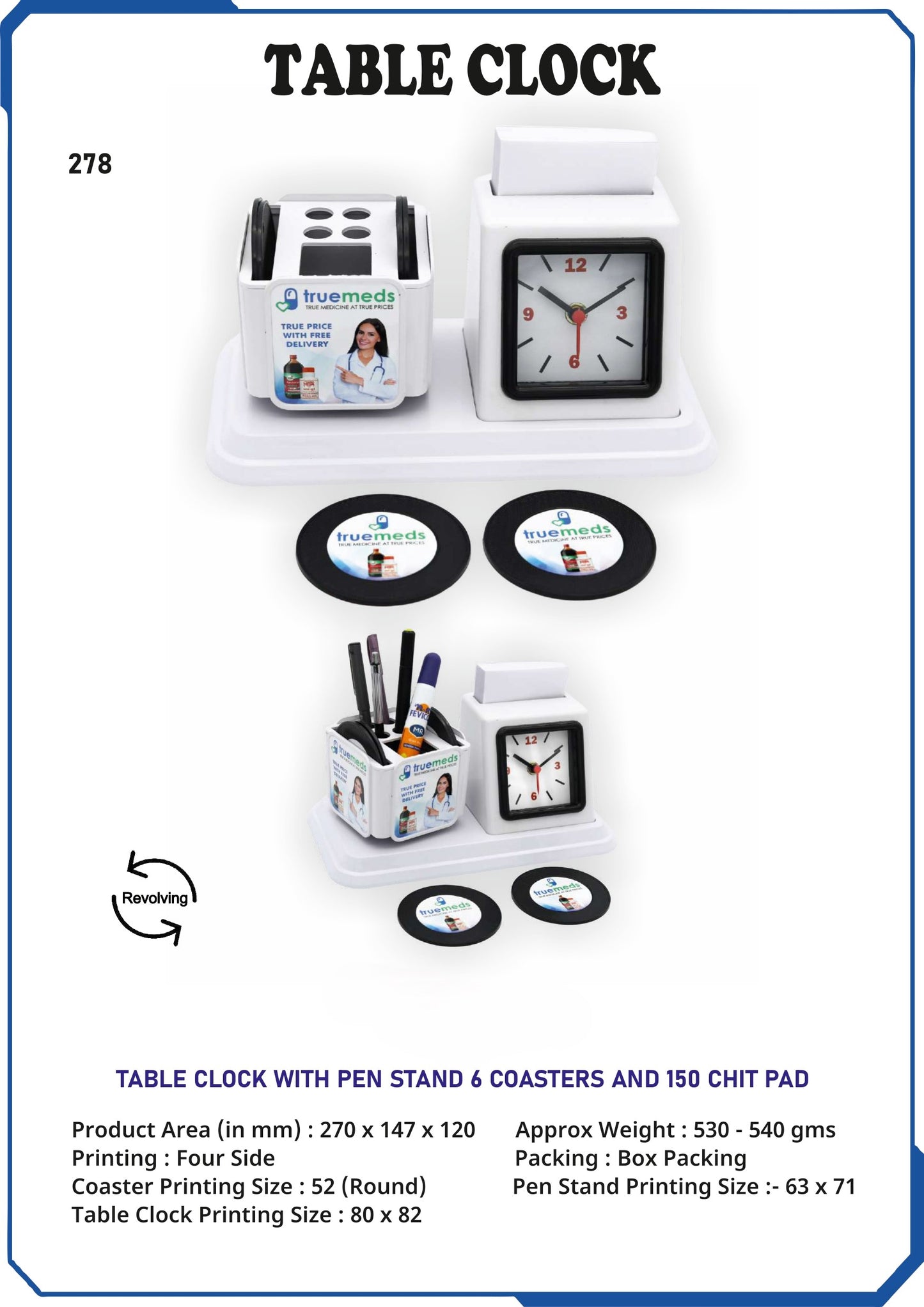 Table Clock With Pen Stand With 6 Coasters And 150 Chit Pad