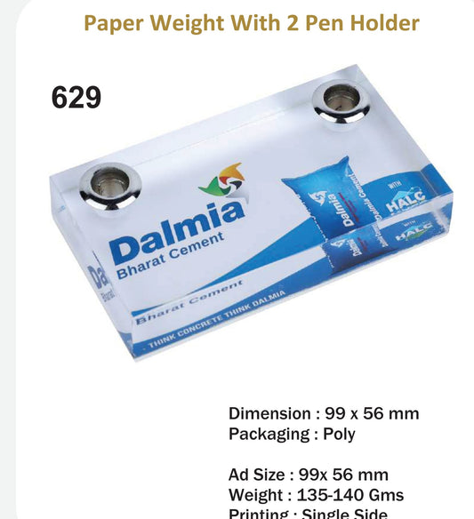 CUSTOMIZED ACRYLIC PAPER WEIGHT WITH 2 PEN HODER (DALMIA)