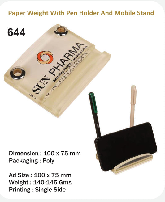 CUSTOMIZED ACRYLIC PAPER WEIGHT WITH PEN HOLDER AND MOBILE STAND (SUN PHARMA)