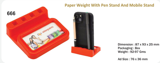 Plastic Paper Weight with mobile stand and pen Holder (Red)