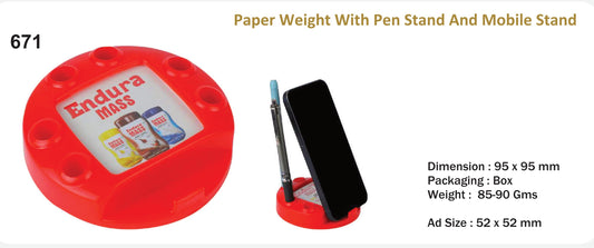 Plastic Paper Weight with mobile stand and pen holder (Round)