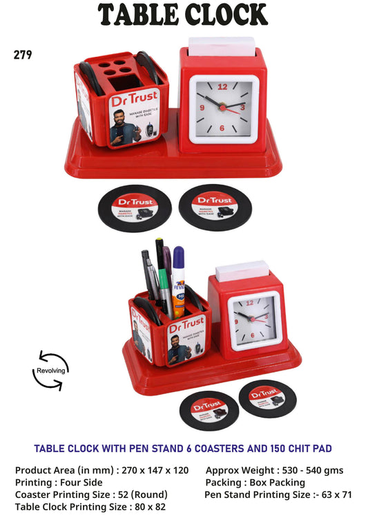 TABLE CLOCK WITH PEN STAND 6 COASTERS AND 150 CHIT PAD (Red)