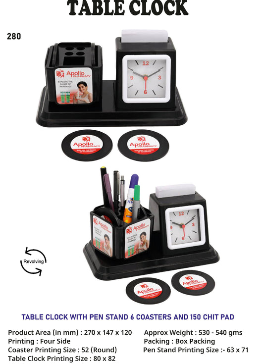 TABLE CLOCK WITH PEN STAND 6 COASTERS AND 150 CHIT PAD (Black)