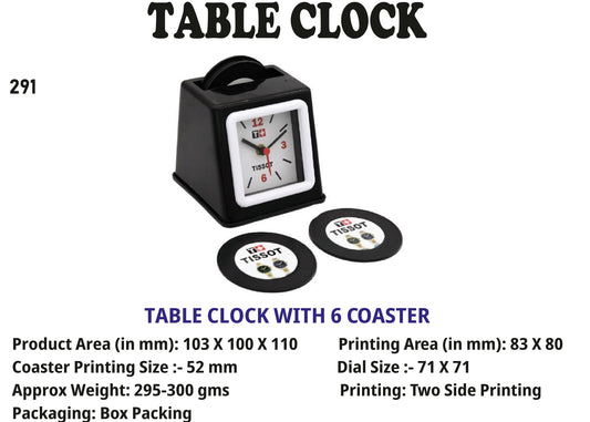 Table clock with 6 Coaster for Corporate gifting & Brand Promotion (Black)