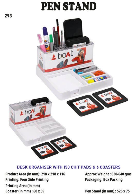 Customized plastic Pen stand with 150 chit pads and 6 coasters