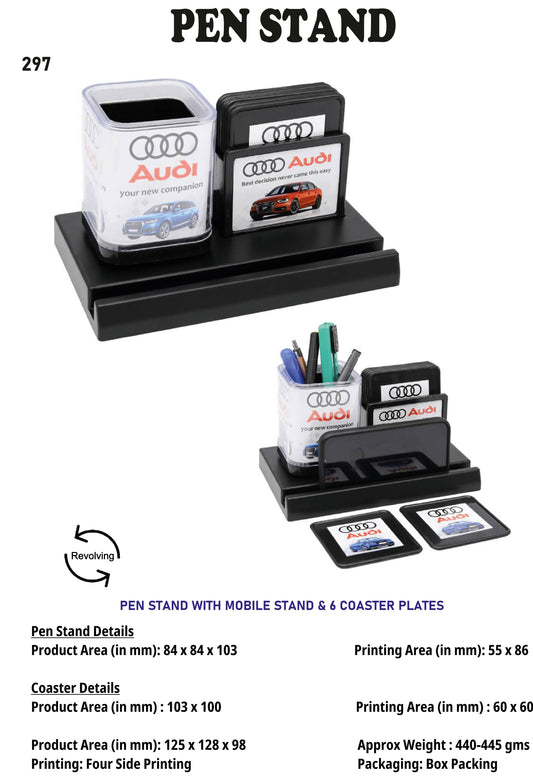 Customized plastic Pen stand with Mobile stand and 6 coasters (black)