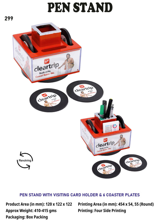 Customized plastic Pen stand with visiting card holder and 6 coasters