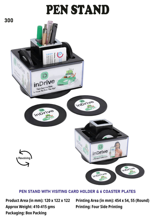 Customized plastic Pen stand withvisiting card holder and 6 coaster plates (black)