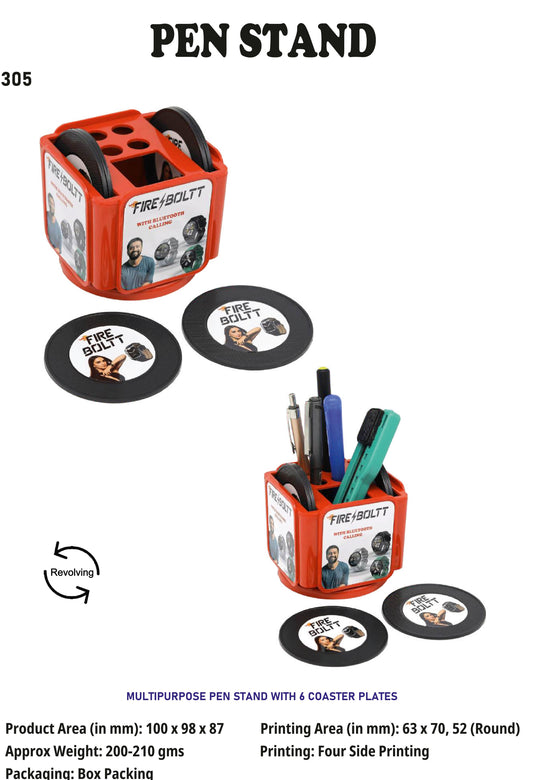 Pen stand with 6 coaster Plates (Red)