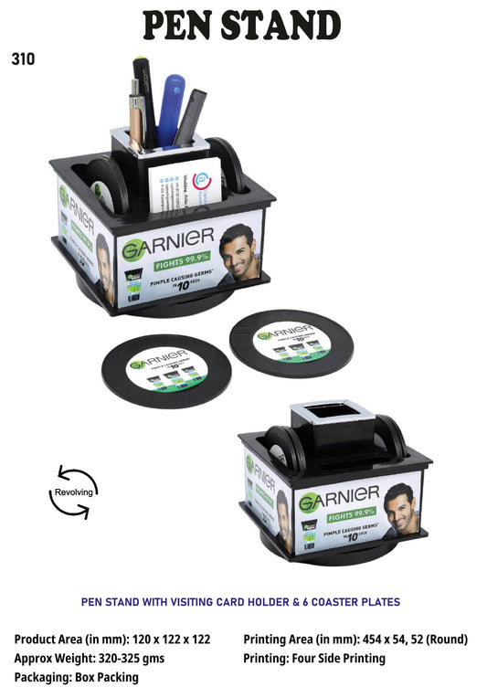 Pen stand with visiting card holder and 6 coaster plates