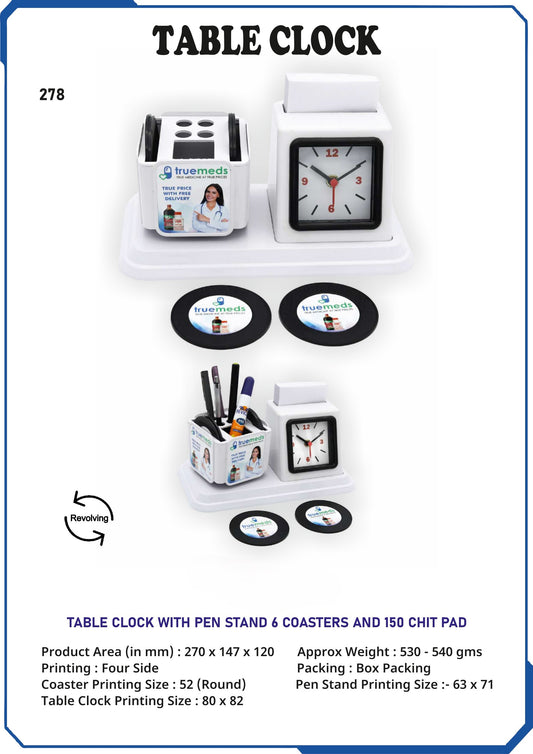 Table Clock With Pen Stand With 6 Coasters And 150 Chit Pad